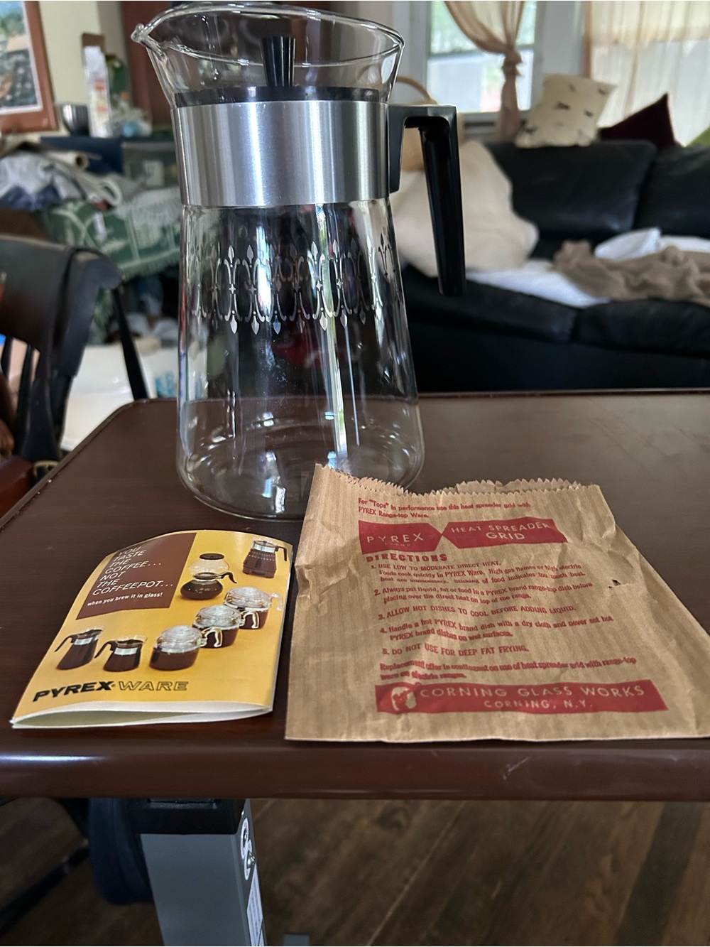 Pyrex Glass Coffee Carafe with Black Handle, NOS, 12 cup with heat spreader grid